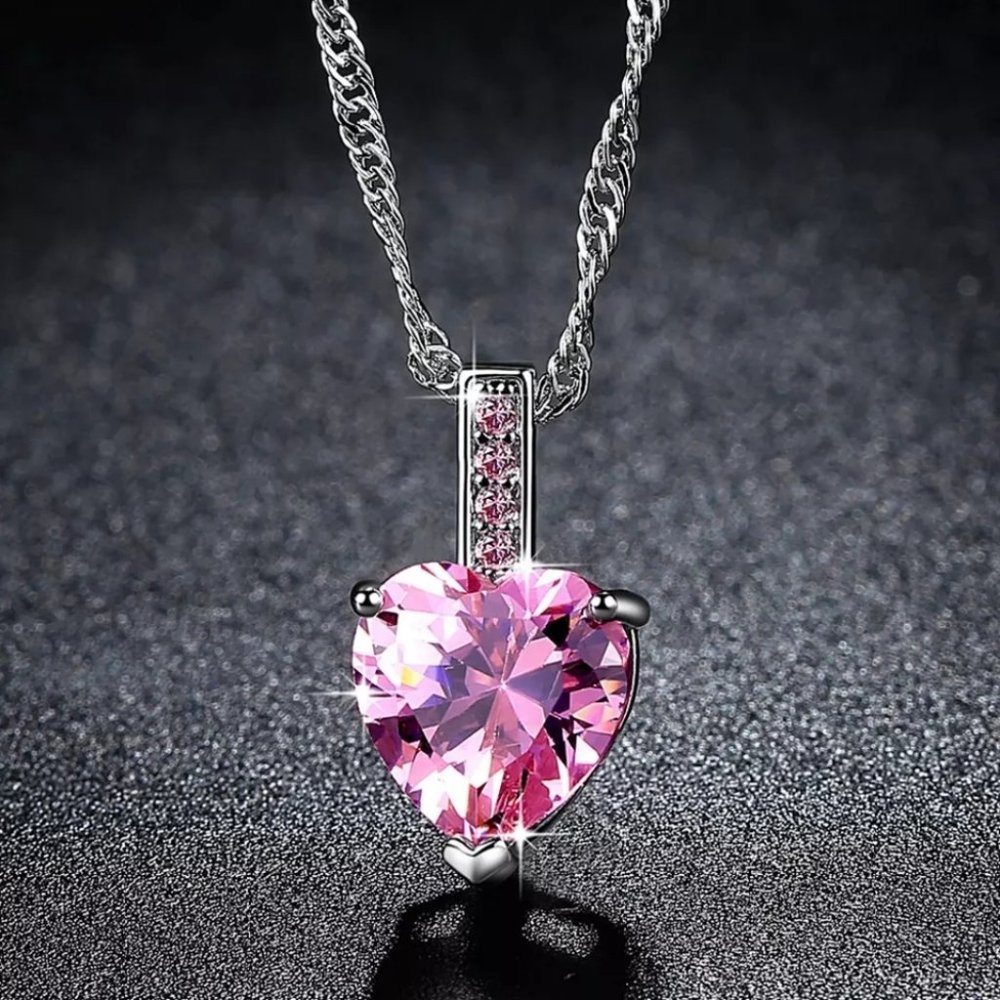 Pink Crystal Heart Pendant Choker Chain Necklace - Picture 1 of 4